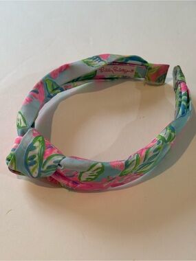 Lilly Pulitzer Pink Floral Knot Headband with Green and Blue Leaves